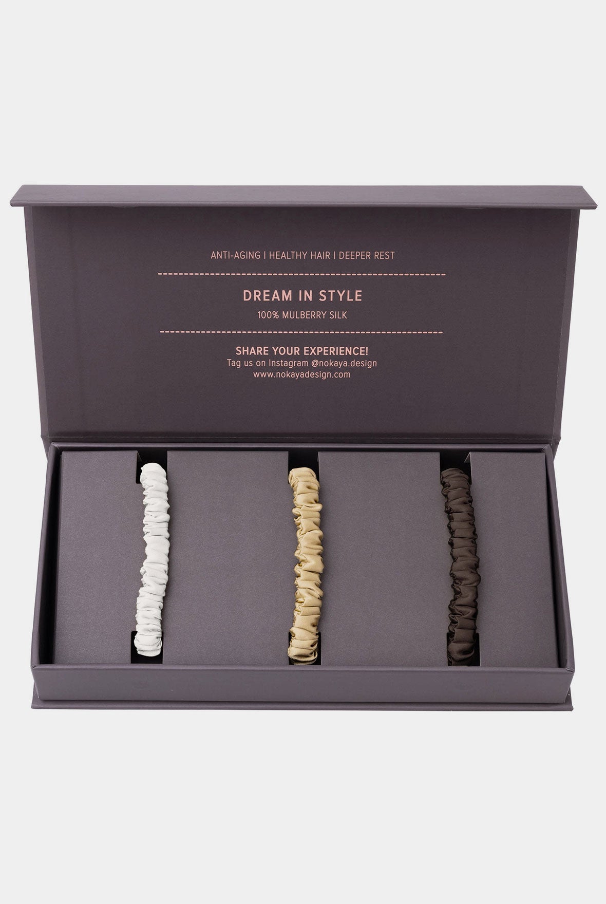 Silk Scrunchie Set in Ivory, Caramel and Future Brown colours. Gift box comes as a present from Nokaya