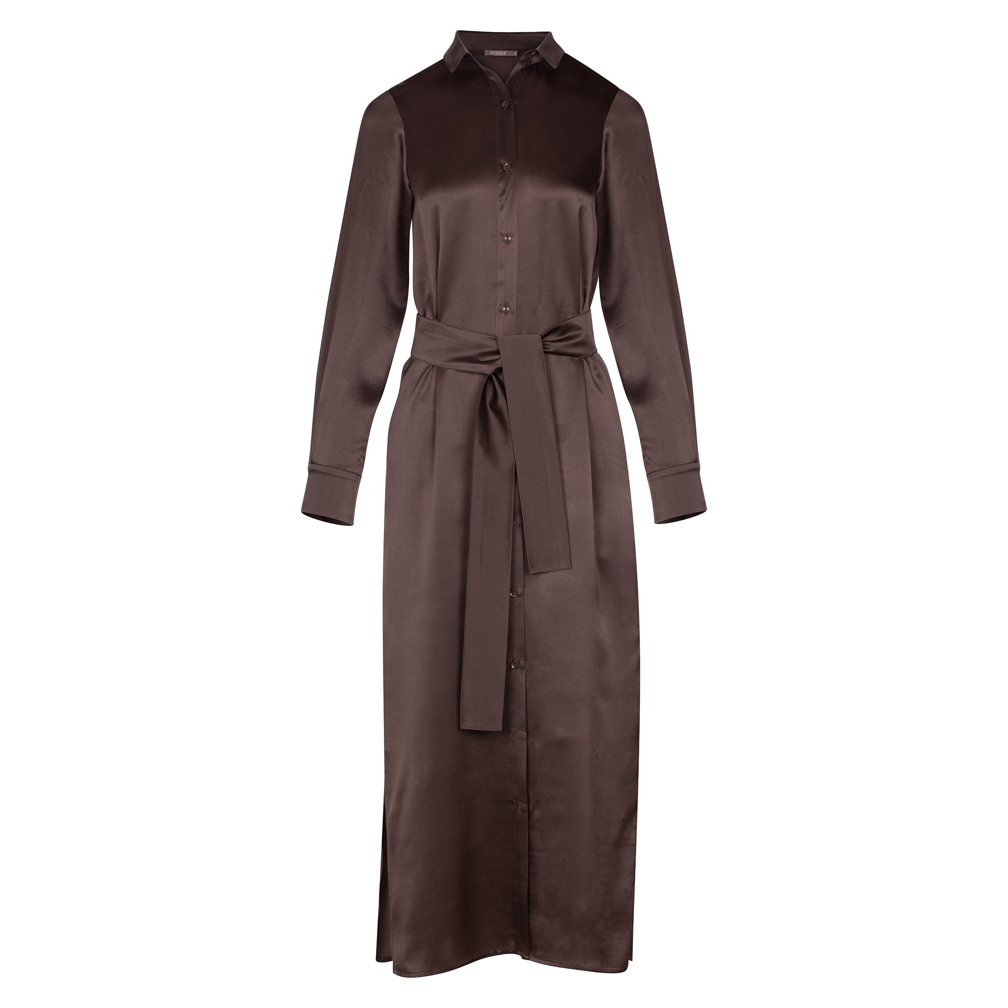 Silk Shirt Dress The Lady by Nokaya, product shot showcasing its luxurious silk fabric and sophisticated design in Future Brown.