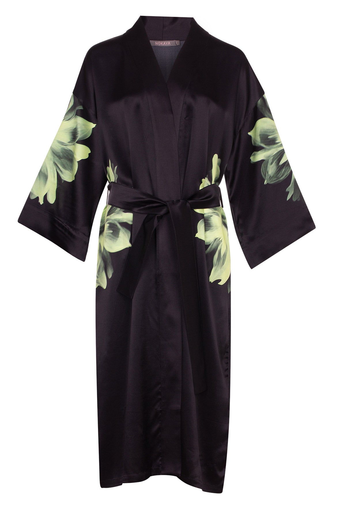 Silk Dreamscape Long Kimono Robe Black Flower