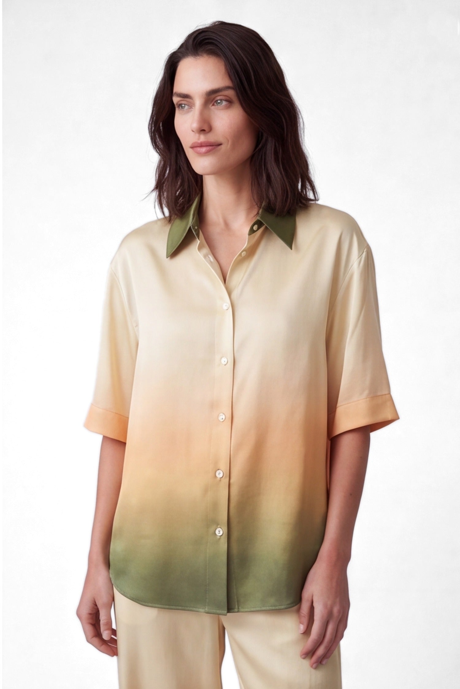 NOKAYA FlowState Peach Blur silk shirt, whole shirt in frame, arms relaxed