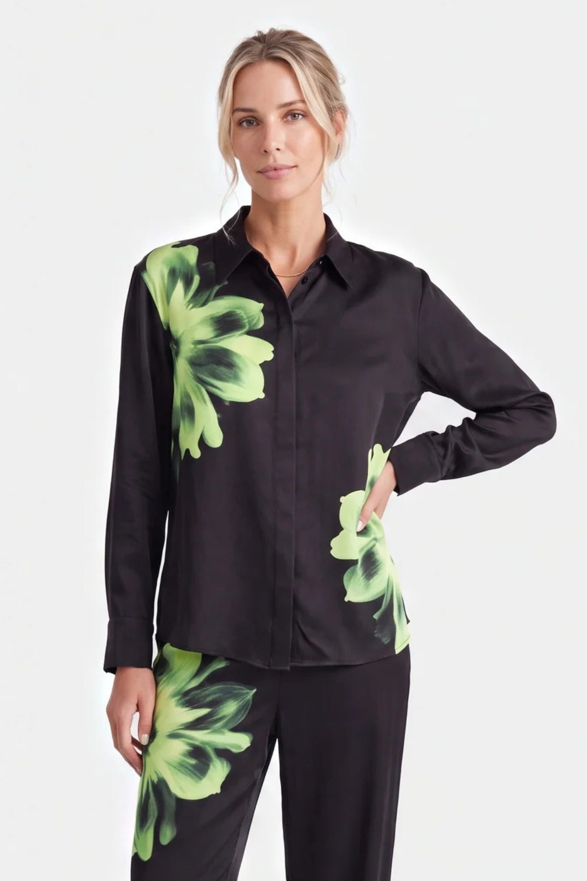 Black Silk Shirt Flower Print