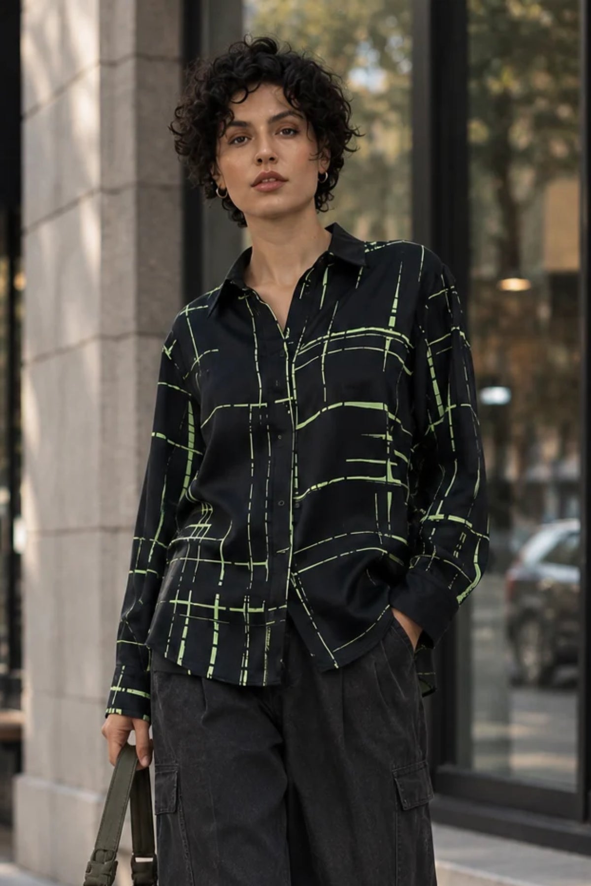 Black Silk Shirt Check Print