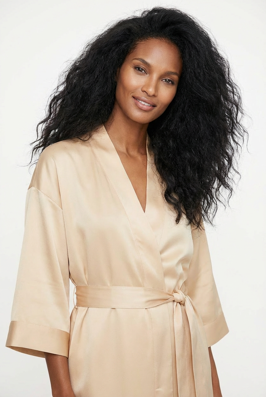 Beige silk kimono on a model. Nokaya