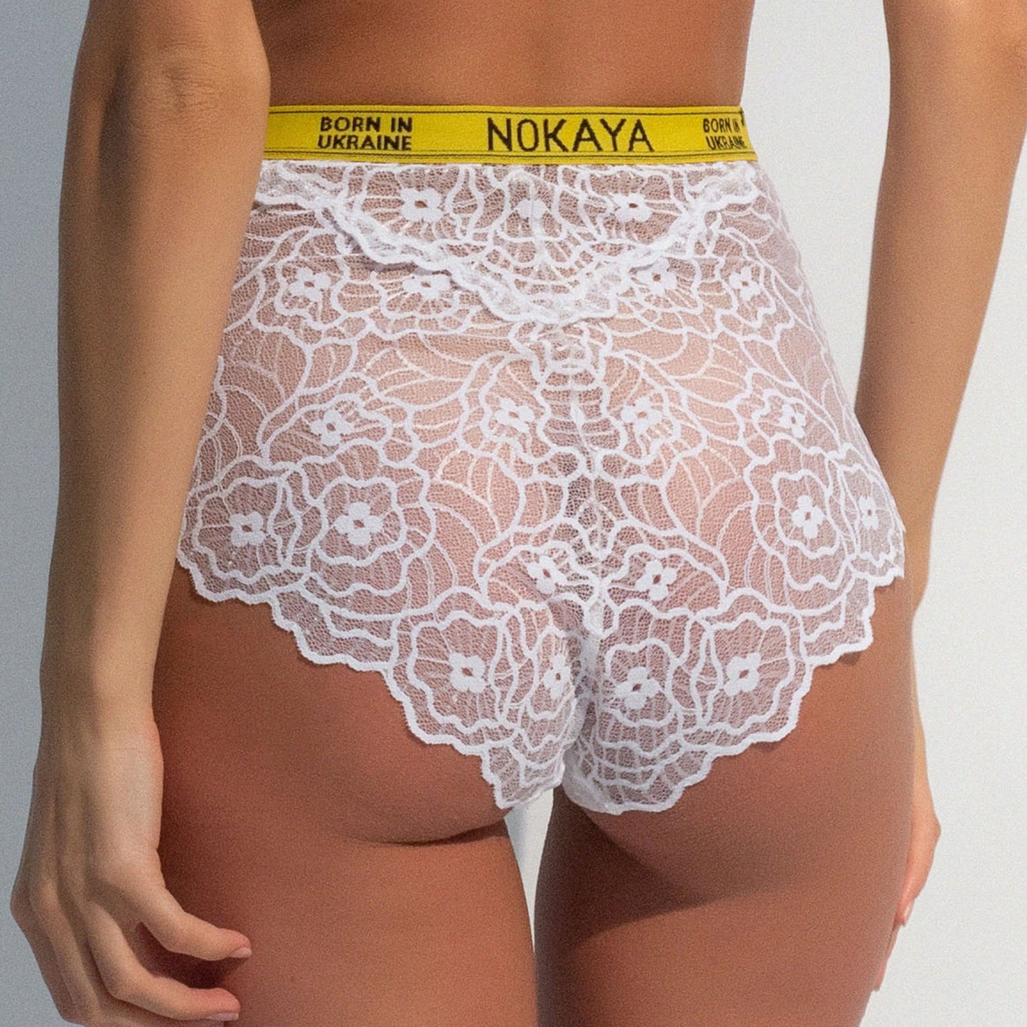 Nokaya white floral lace high waist briefs with scalloped edge - as it looks from the back.