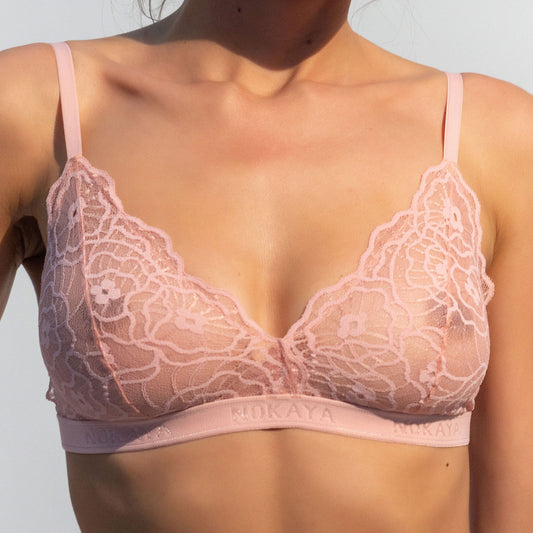 Nokaya white floral lace bralette with scalloped edge - as it looks front.