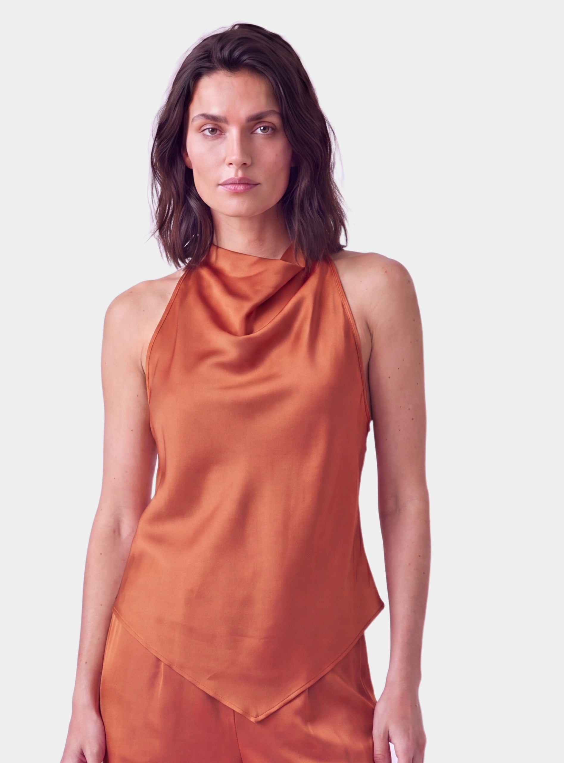 NOKAYA Amber Silk Halter Top The Lady, draped cowl neckline