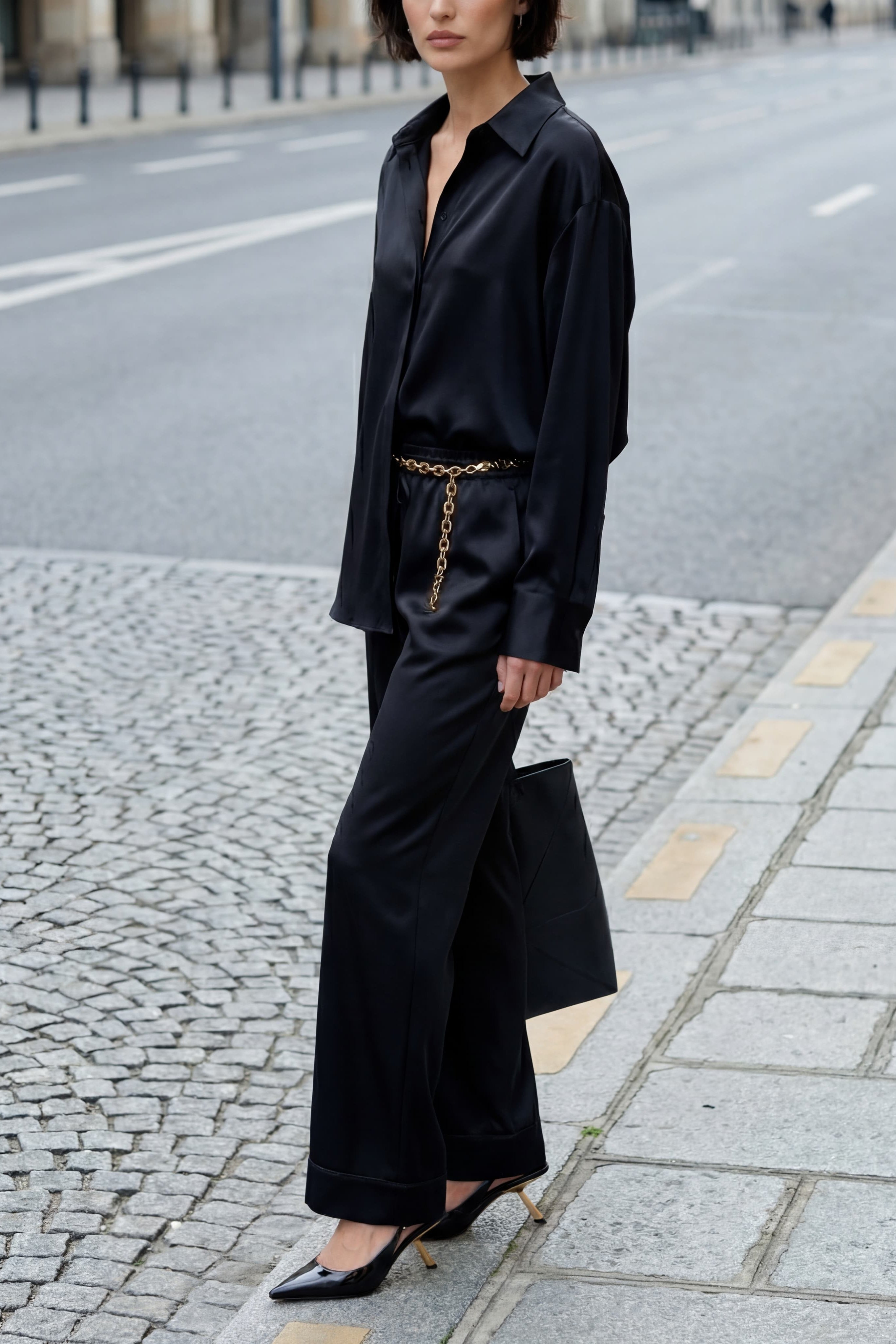 Woman in a black silk outfit Nokaya standing on a city street