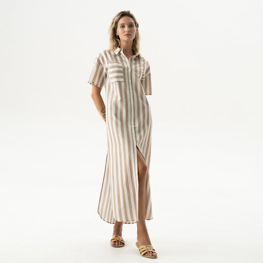 Silk Cotton Long Shirt Dress Oat Milk