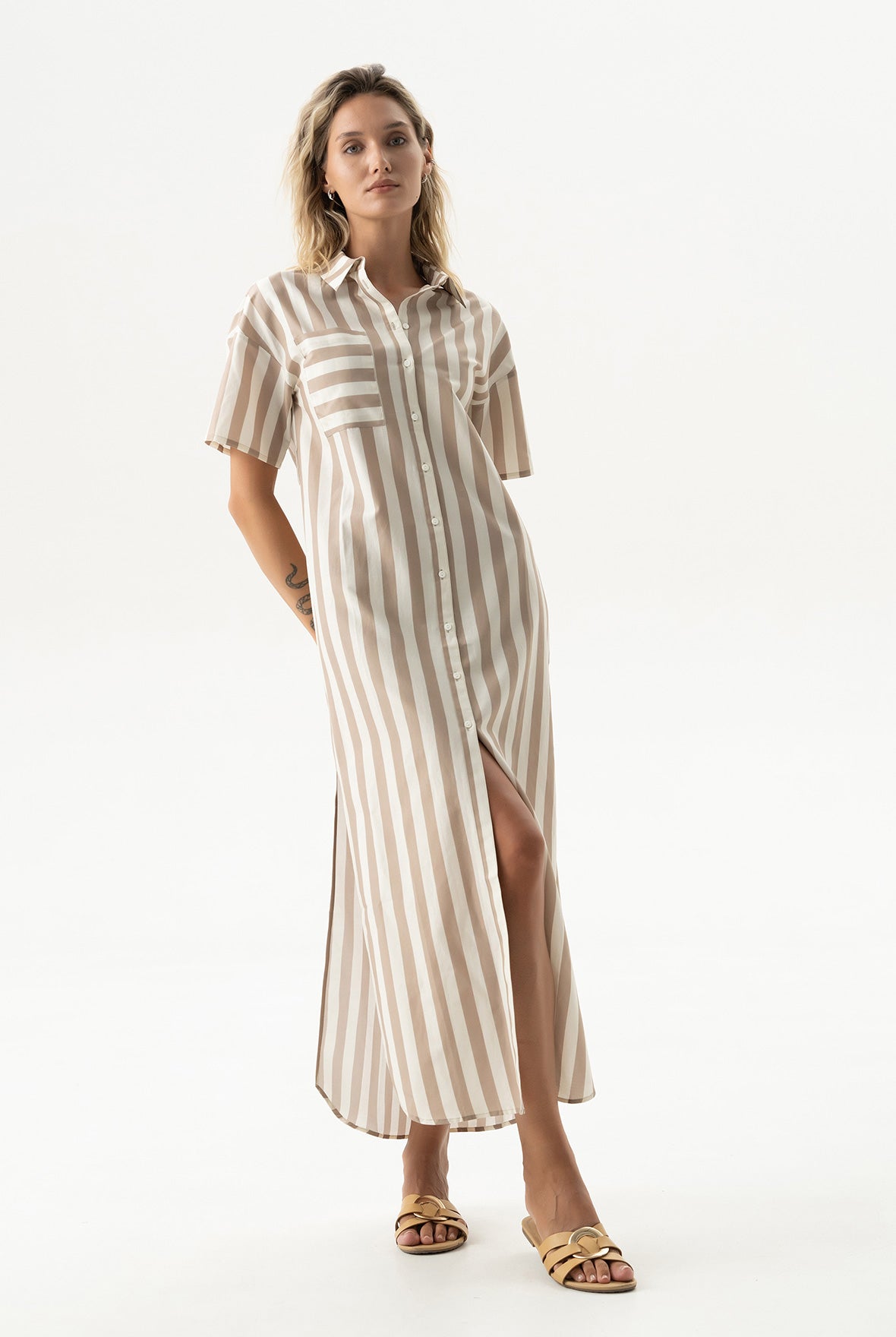 Silk Cotton Long Shirt Dress Oat Milk