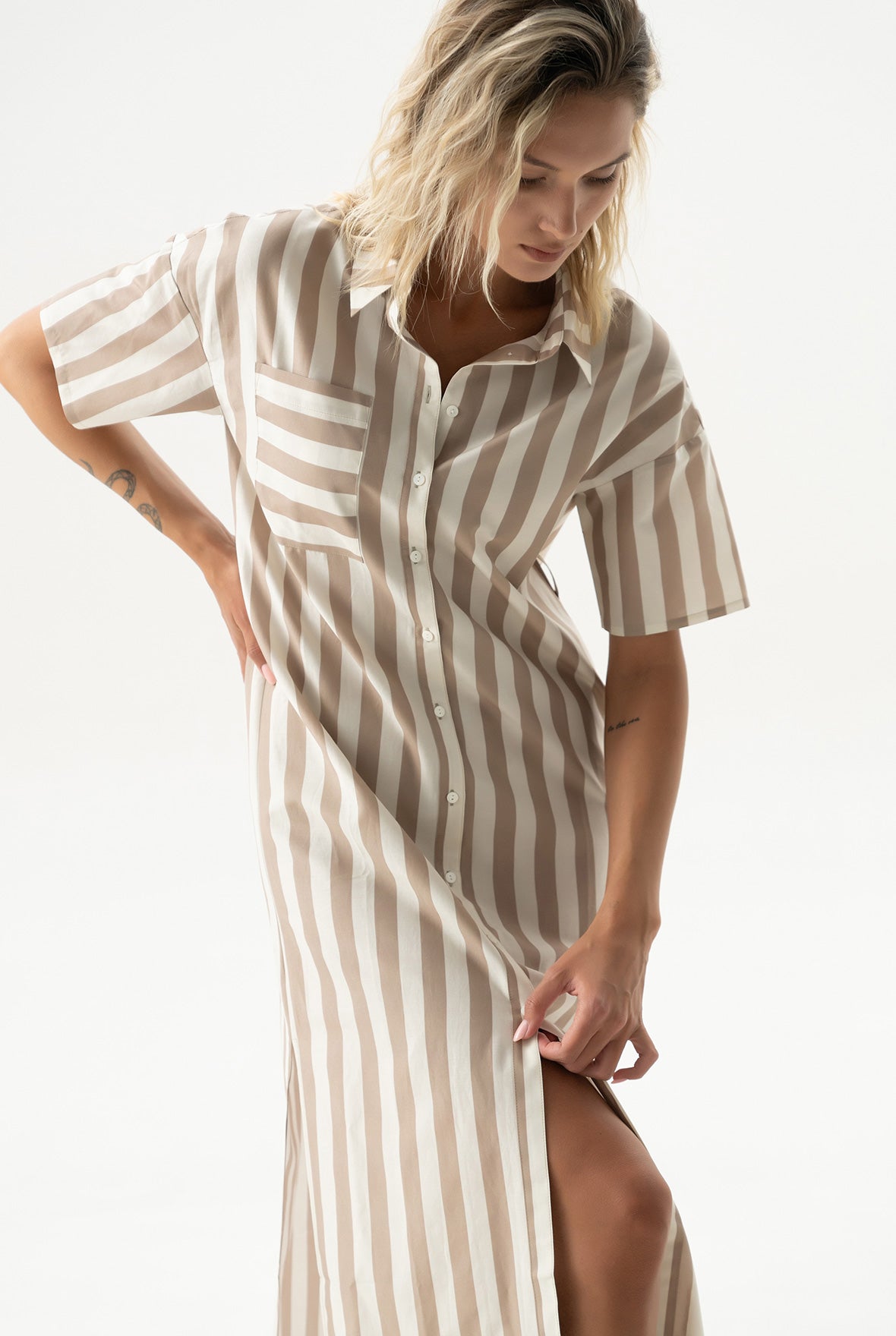 Silk Cotton Long Shirt Dress Oat Milk