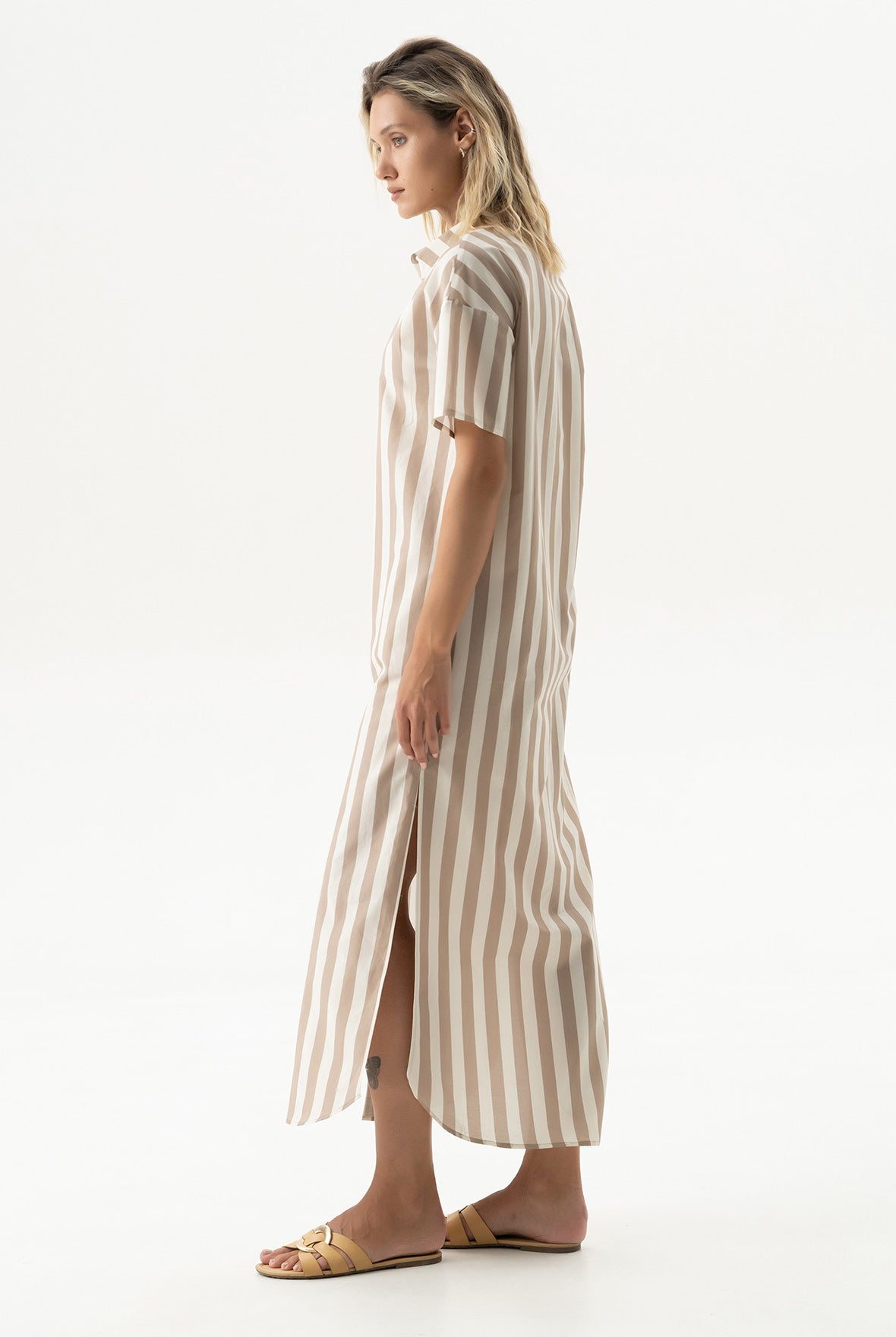 Silk Cotton Long Shirt Dress Oat Milk