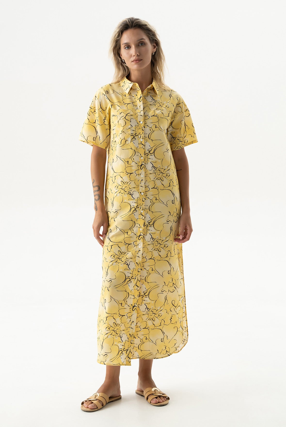 Silk Cotton Long Shirt Dress Yellow Flowers
