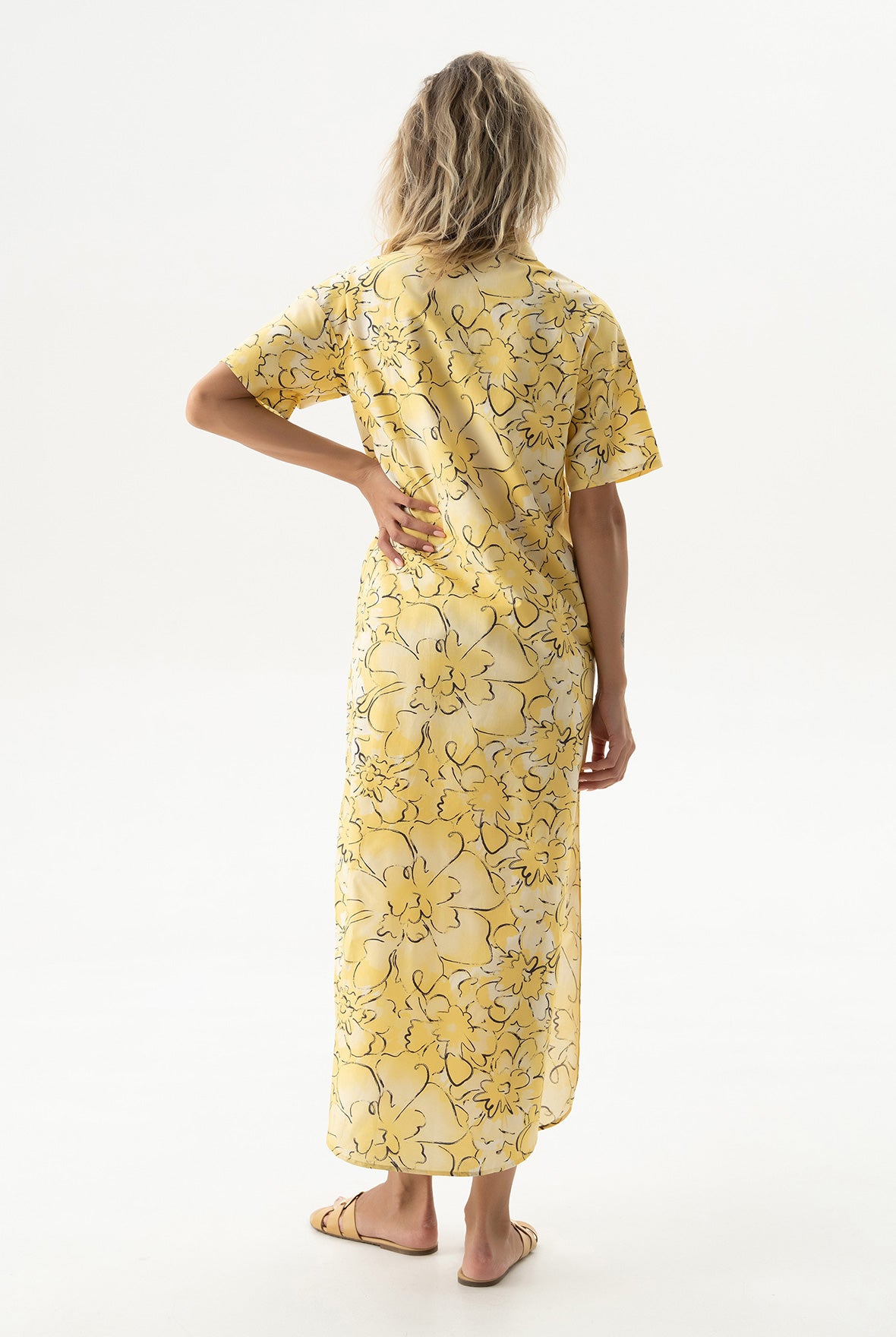 Silk Cotton Long Shirt Dress Yellow Flowers