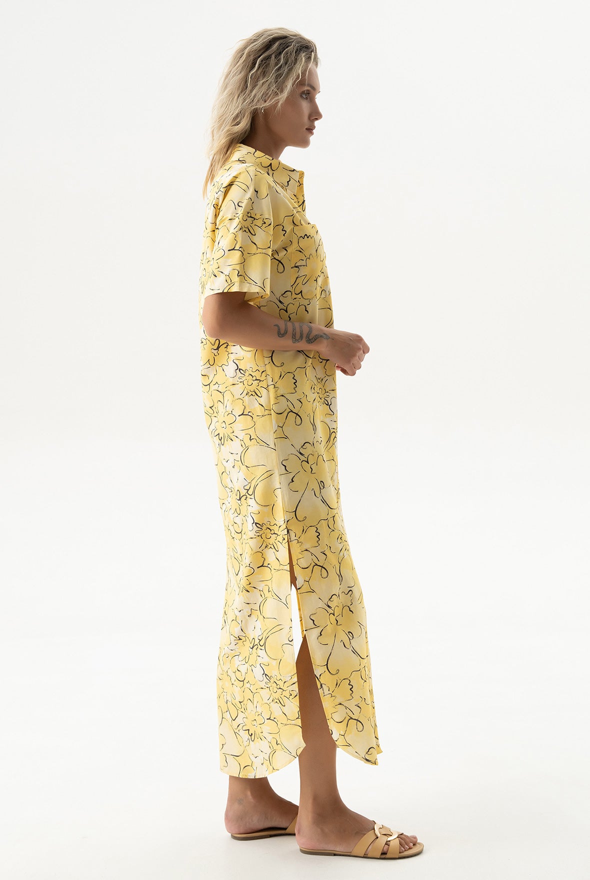 Silk Cotton Long Shirt Dress Yellow Flowers