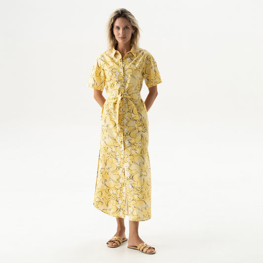 Silk Cotton Long Shirt Dress Yellow Flowers