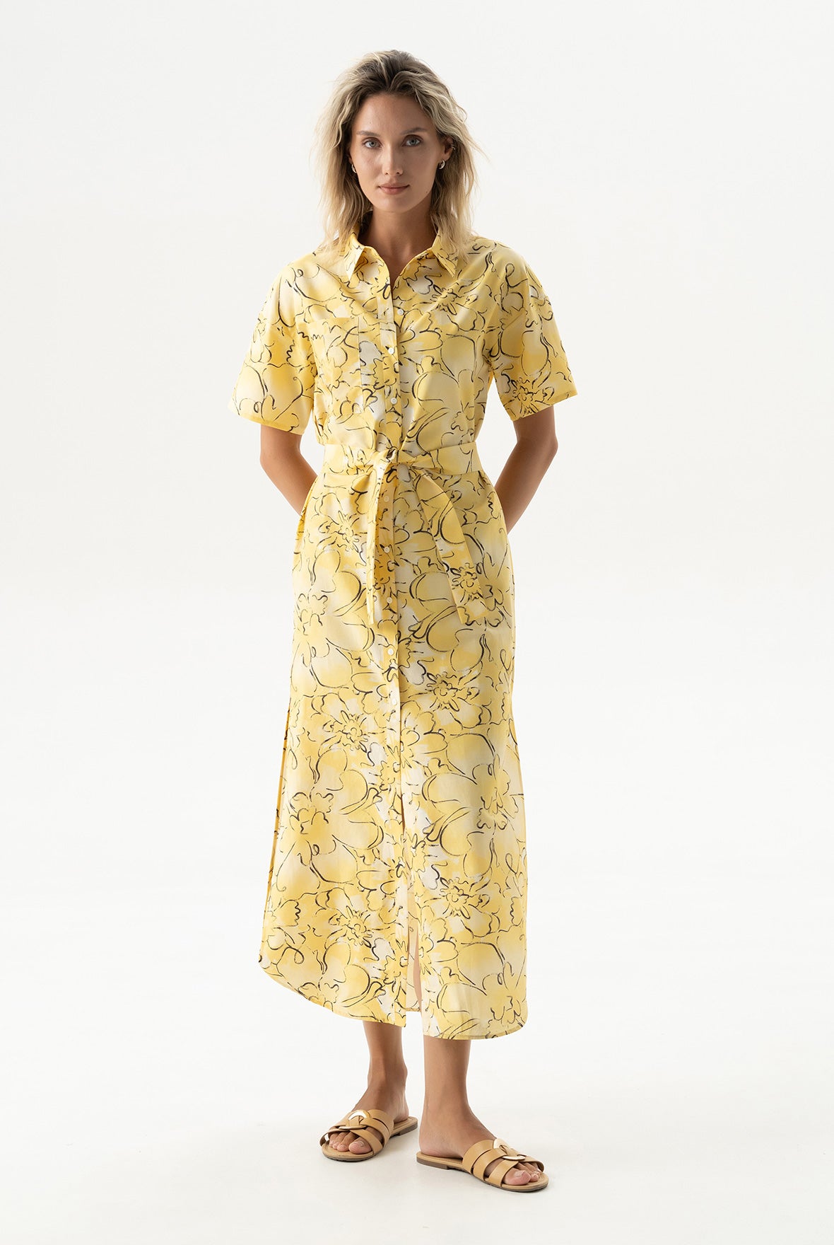 Silk Cotton Long Shirt Dress Yellow Flowers