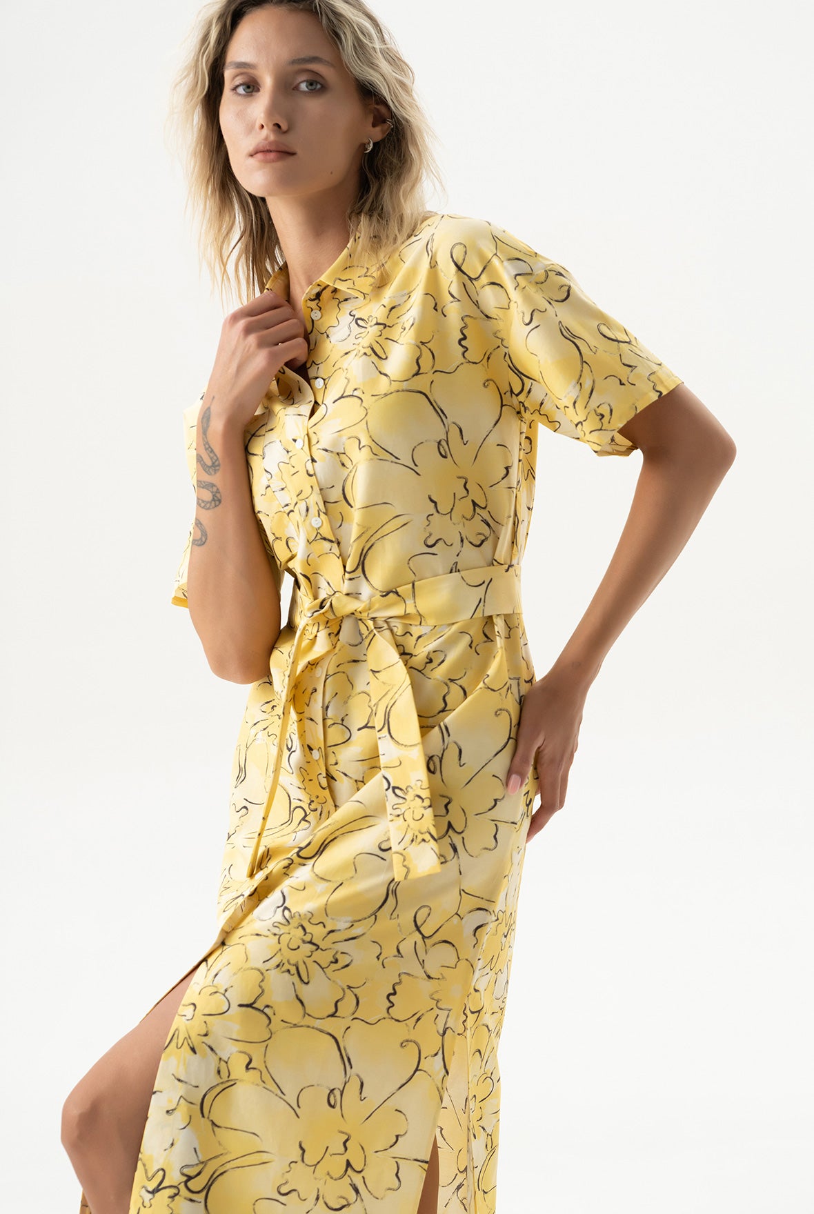 Silk Cotton Long Shirt Dress Yellow Flowers