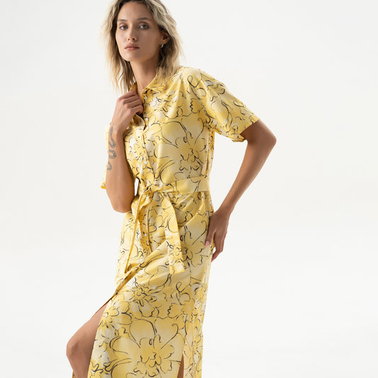 Silk Cotton Long Shirt Dress Yellow Flowers