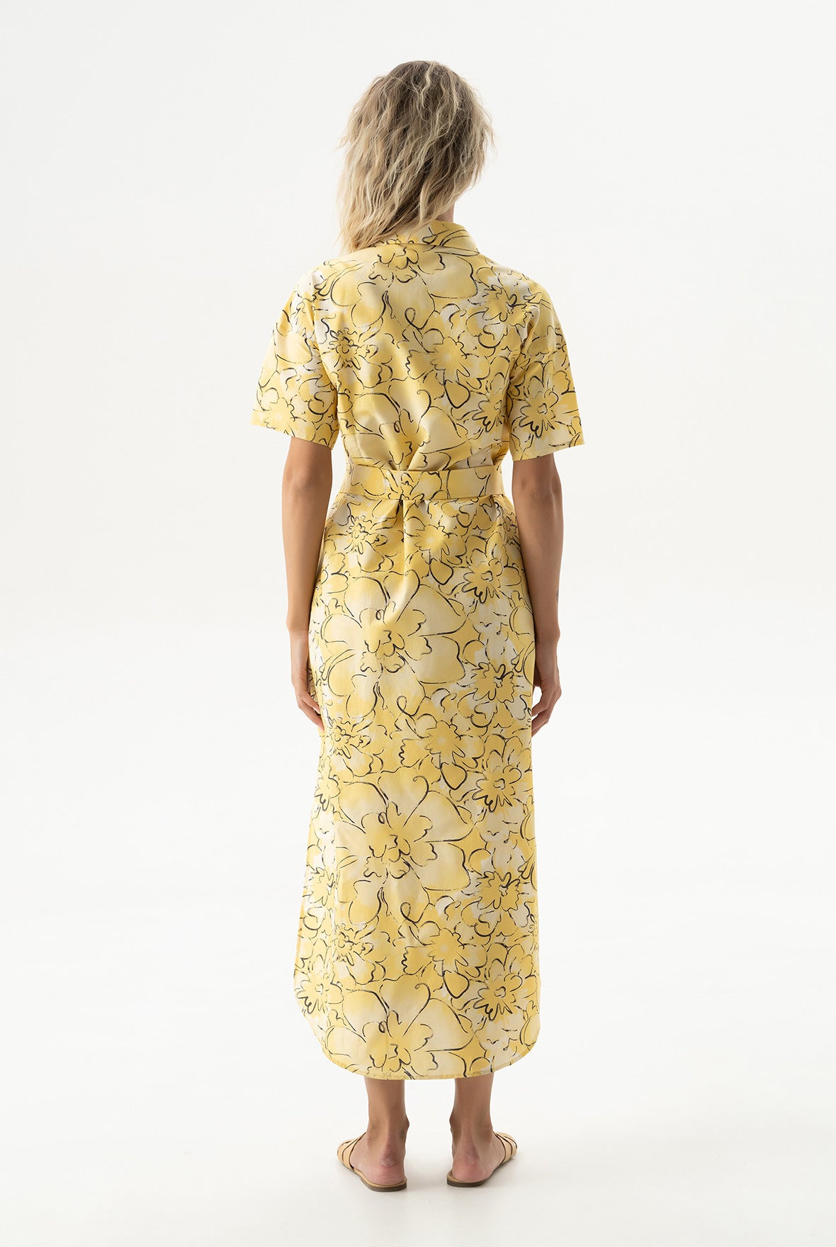 Silk Cotton Long Shirt Dress Yellow Flowers