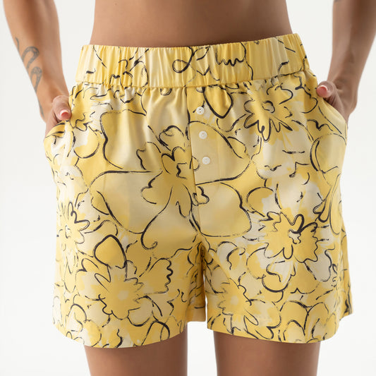 Silk Cotton Shorts Yellow Flowers