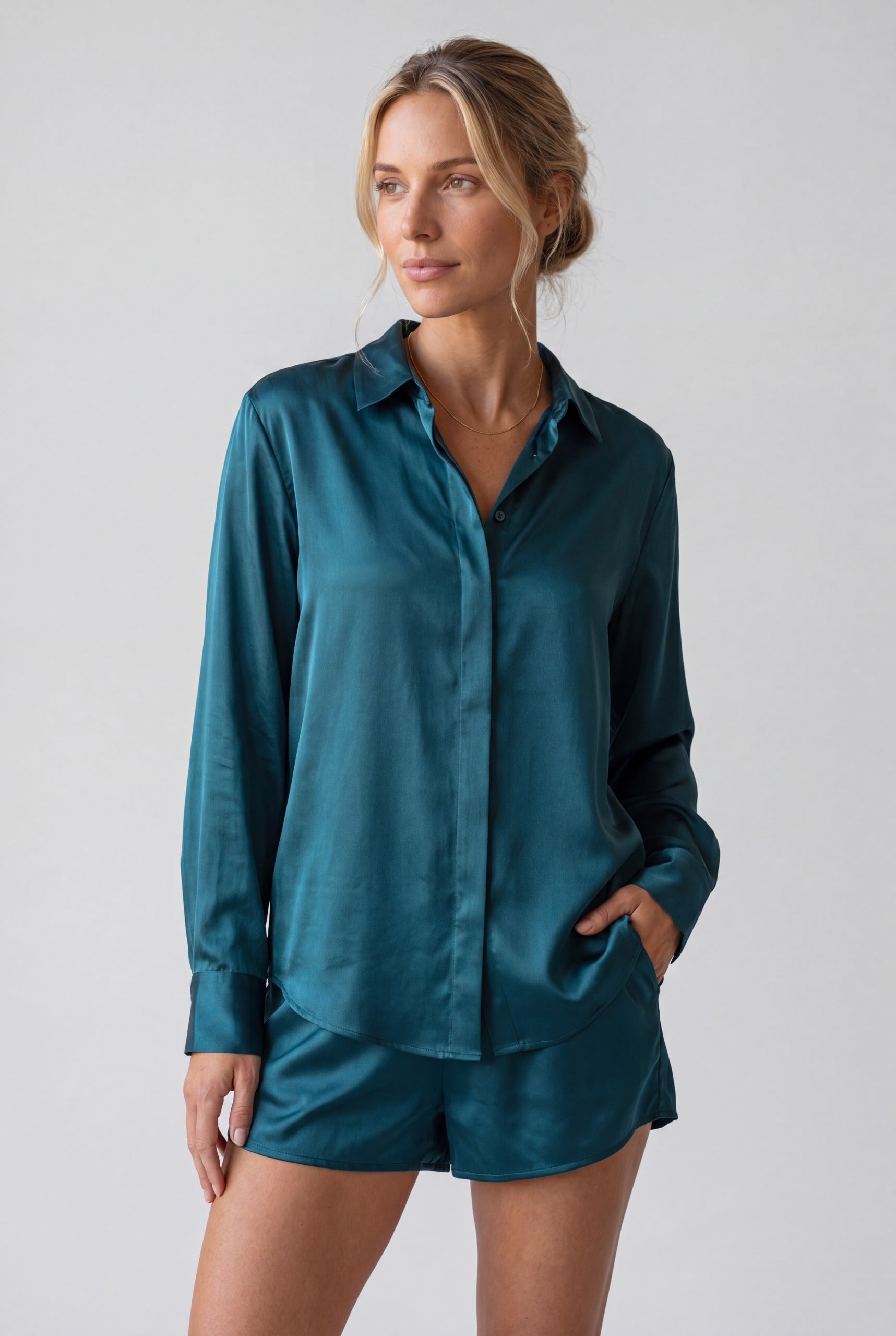 The Lady Silk Shirt and Shorts Teal Eclipse, front view