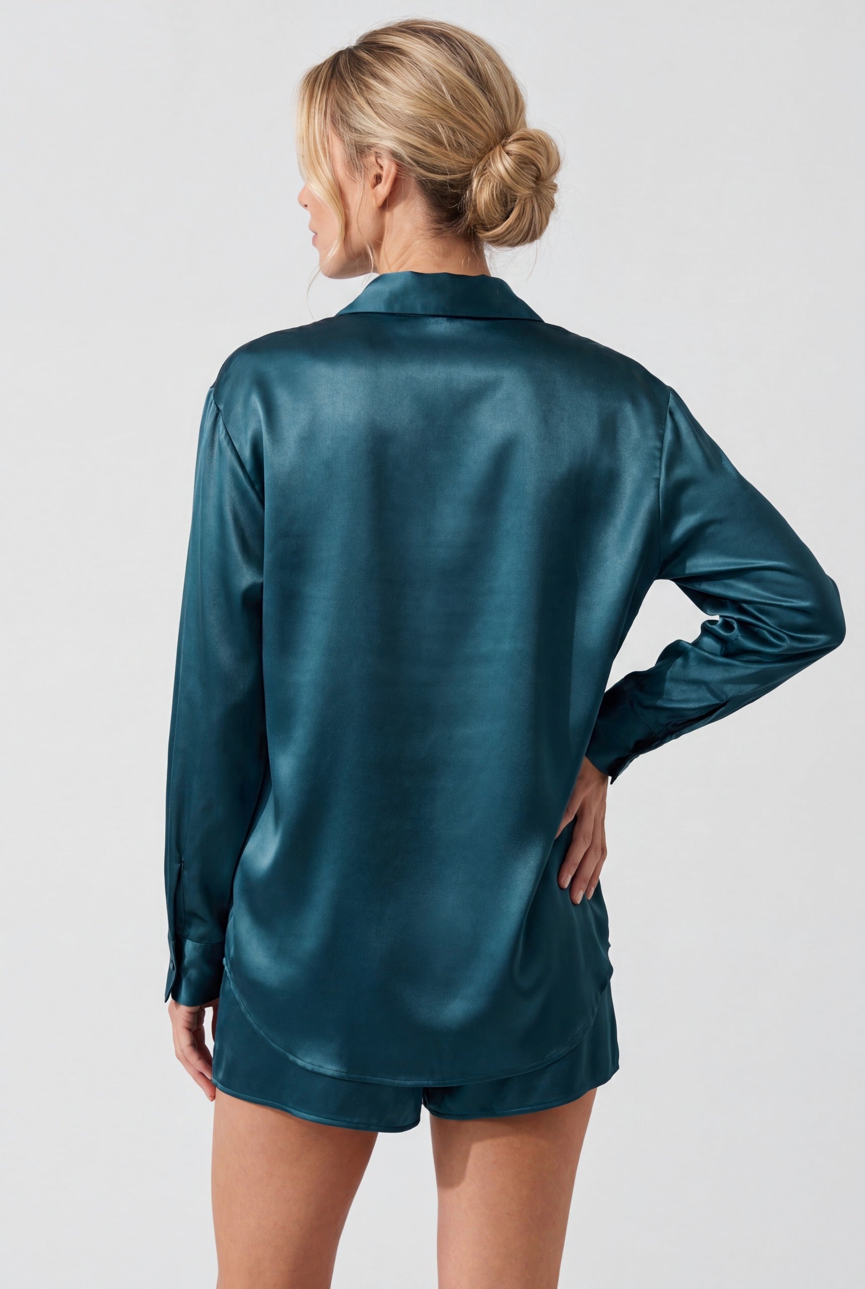 The Lady Silk Shirt and Shorts Teal Eclipse, back view