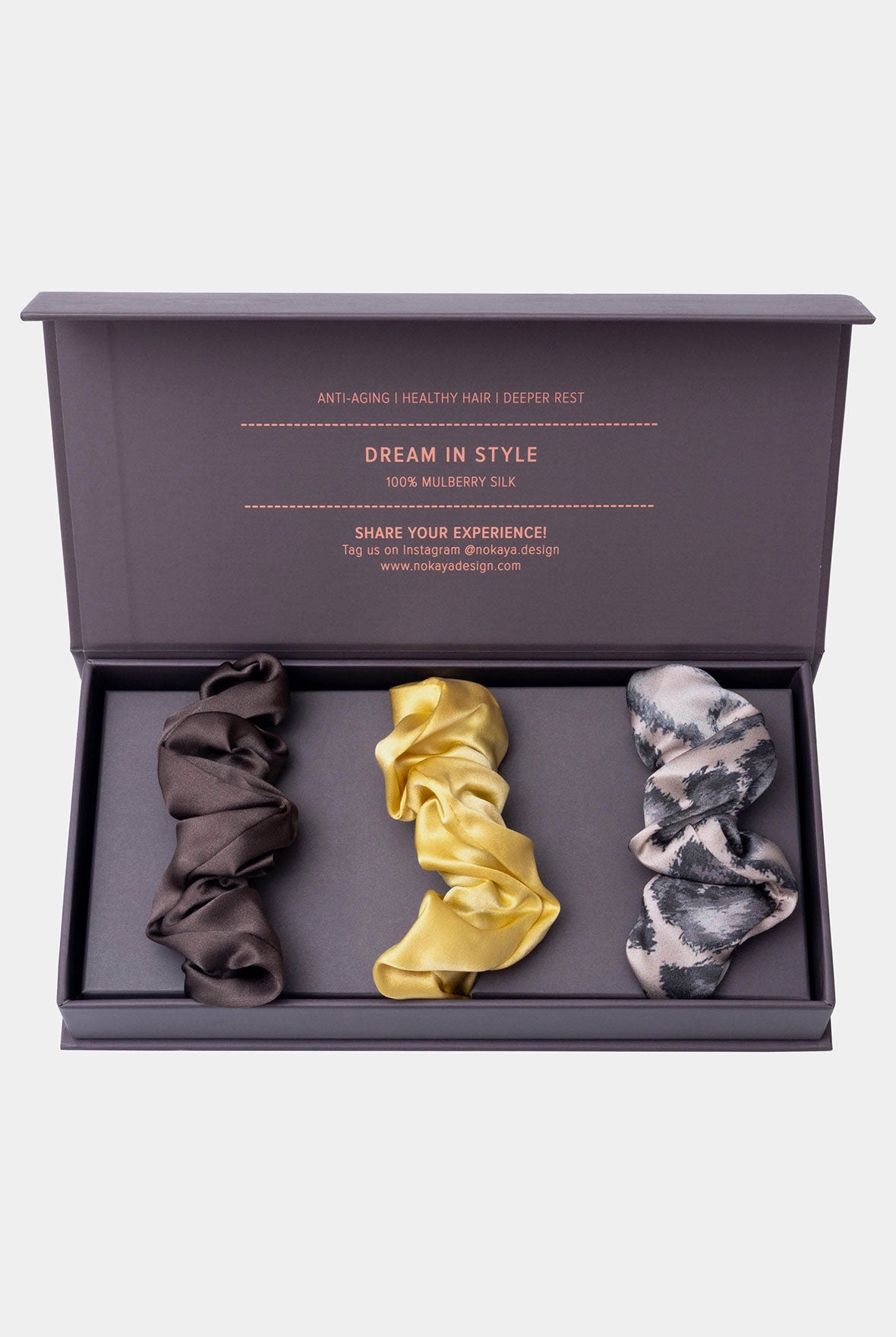 Large Silk Scrunchie Set Brown/PannaCotta/Animal Nokaya in gift box.