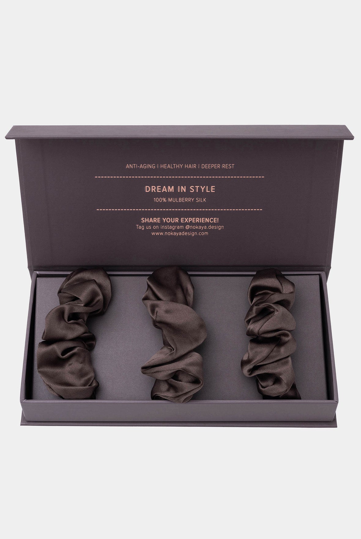 Large Silk Scrunchie Set Future Brown in gift box Nokaya.