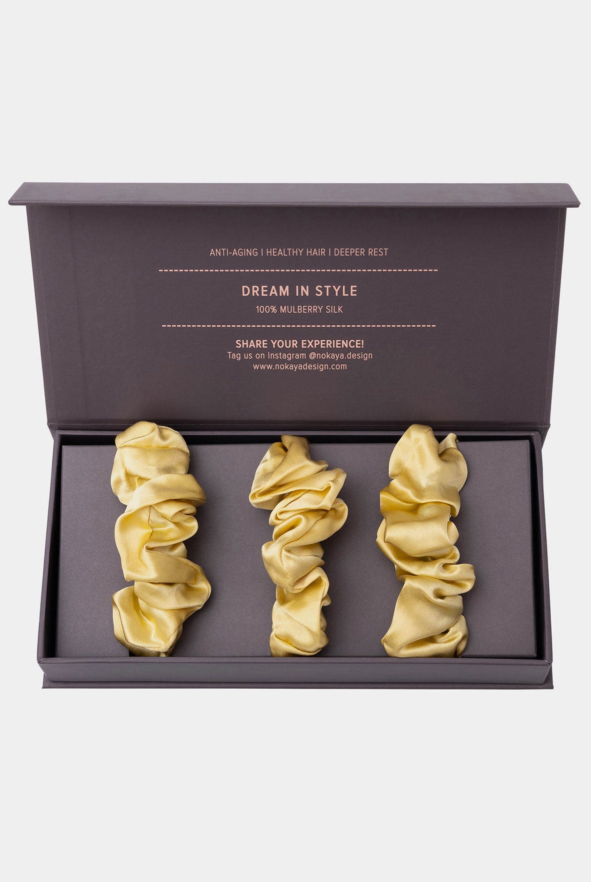 Silk scrunchie set in yellow in The luxurious, stylish gift box Nokaya
