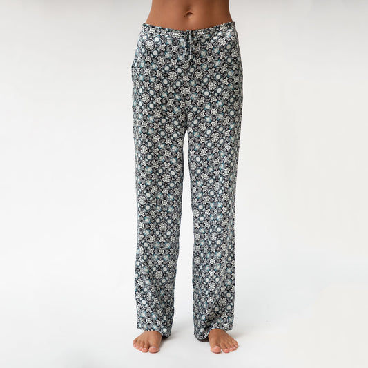 Silk Pyjama Pants in Black Crystal Neo Geo print - close-up of the front showcasing smooth silk fabric and tailored design.