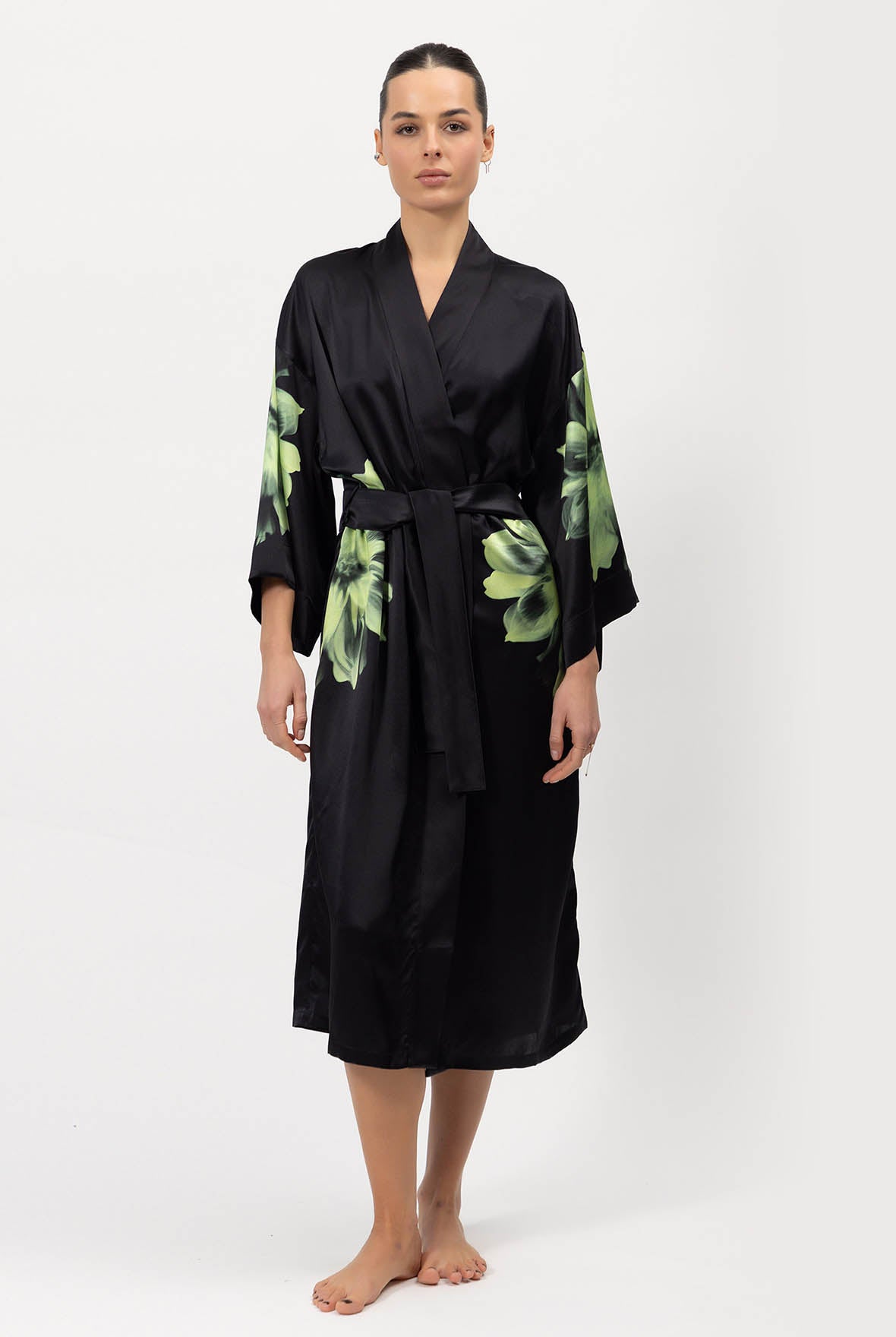 Silk Dreamscape Long Kimono Robe Black Flower
