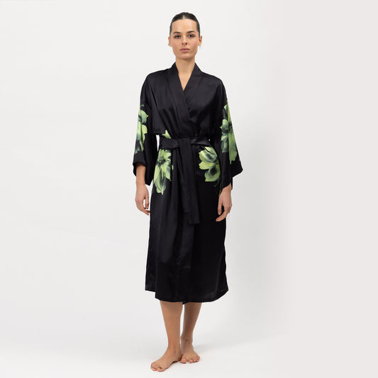 Silk Dreamscape Long Kimono Robe Black Flower