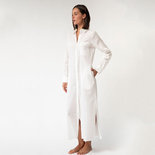 White Linen Voile Button-Down Long Shirt Dress