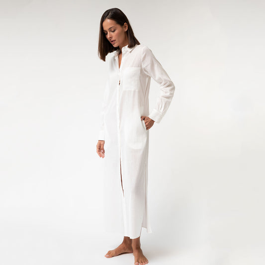 White Linen Voile Button-Down Long Shirt Dress