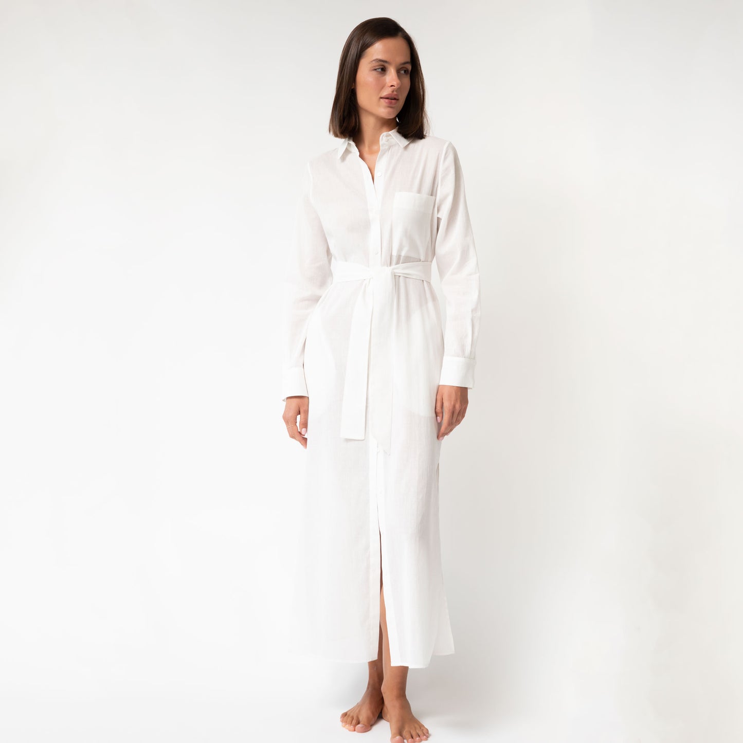 White Linen Voile Button-Down Long Shirt Dress