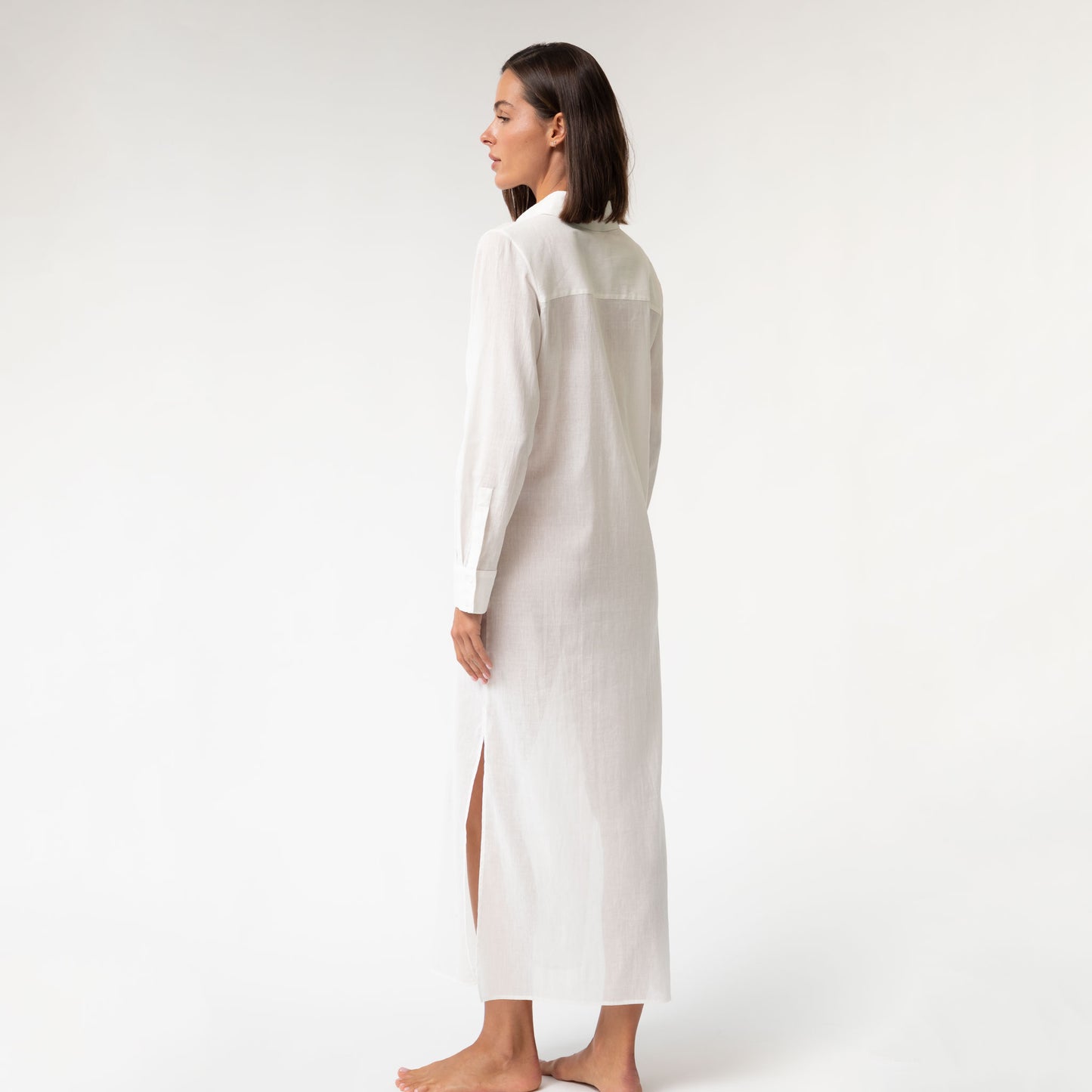 White Linen Voile Button-Down Long Shirt Dress