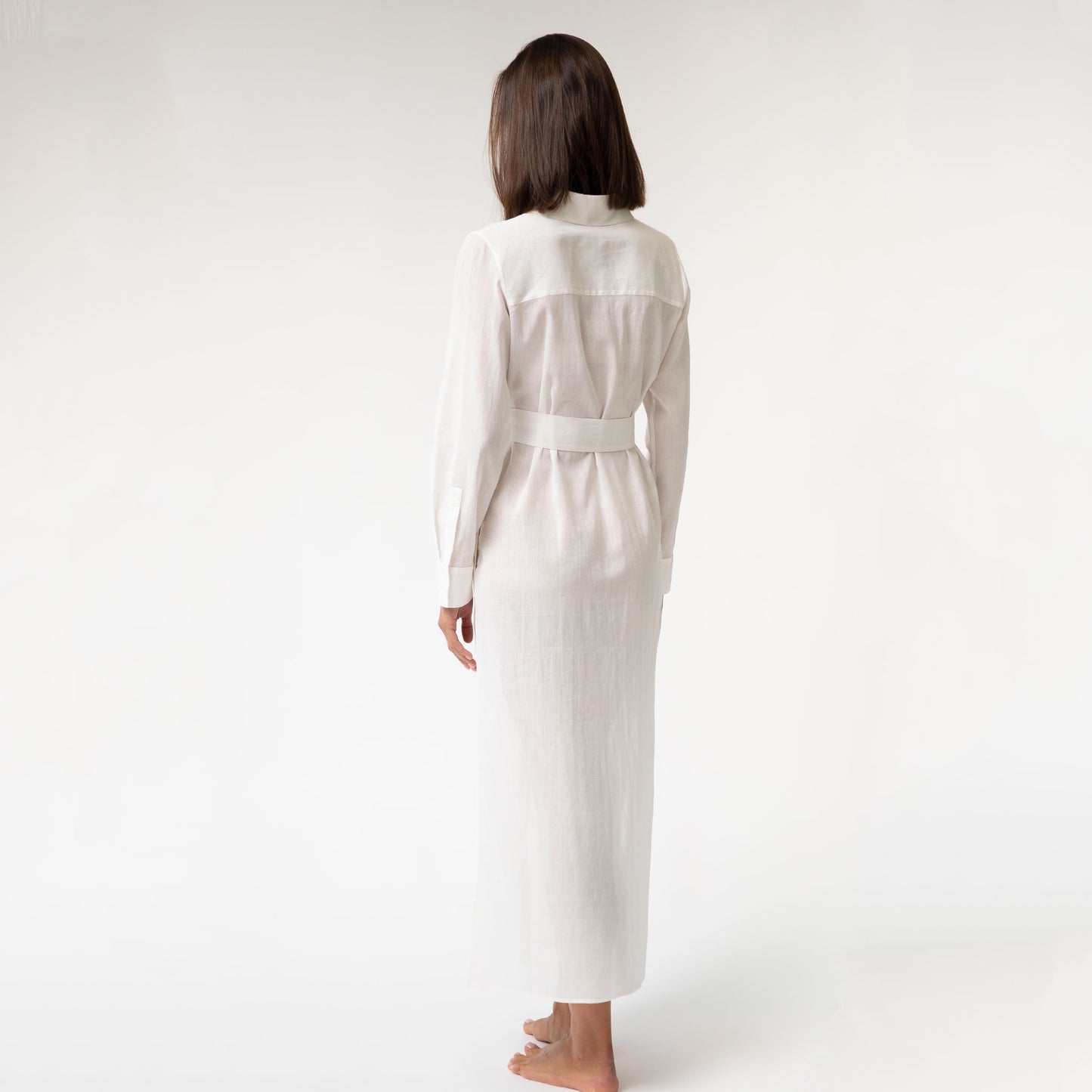 White Linen Voile Button-Down Long Shirt Dress