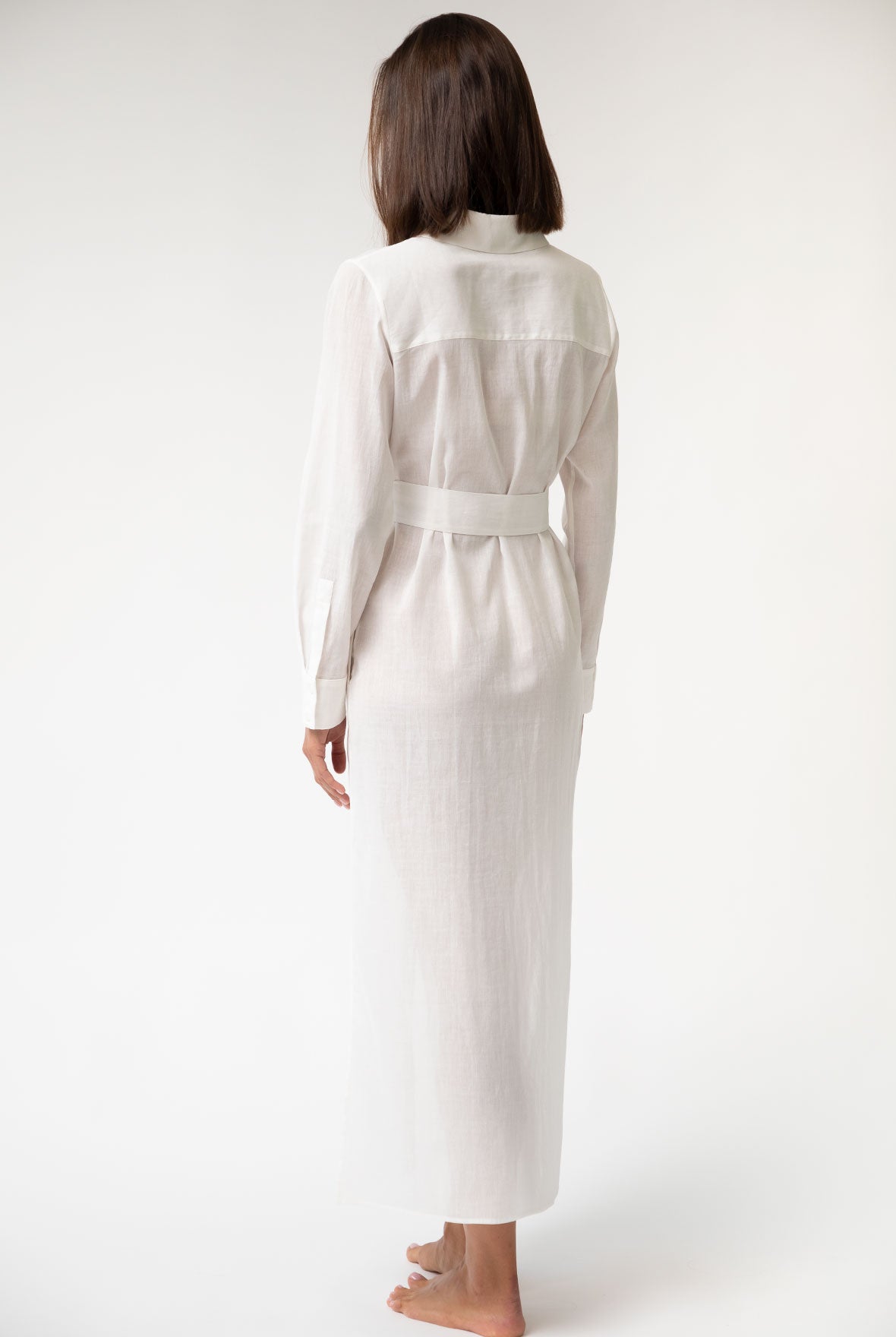 White Linen Voile Button-Down Long Shirt Dress