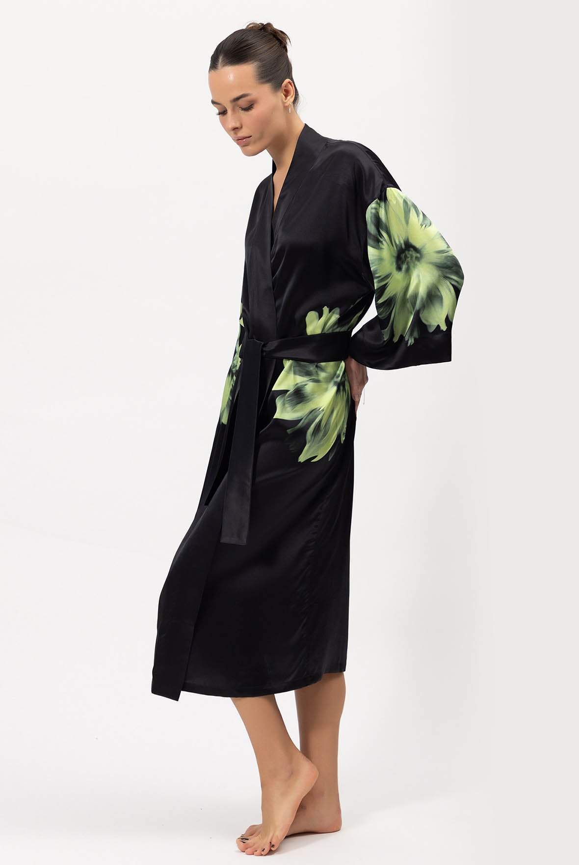 Silk Dreamscape Long Kimono Robe Black Flower