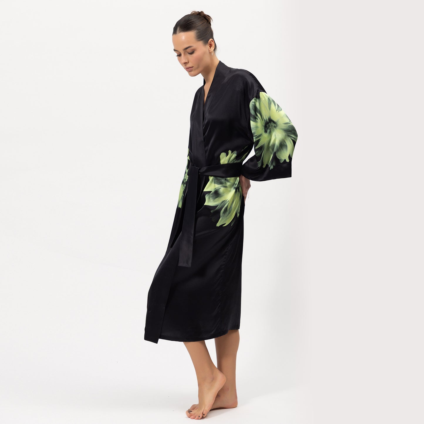 Silk Dreamscape Long Kimono Robe Black Flower