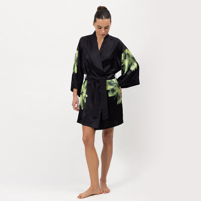 Silk Dreamscape Short Kimono Robe Black Flower