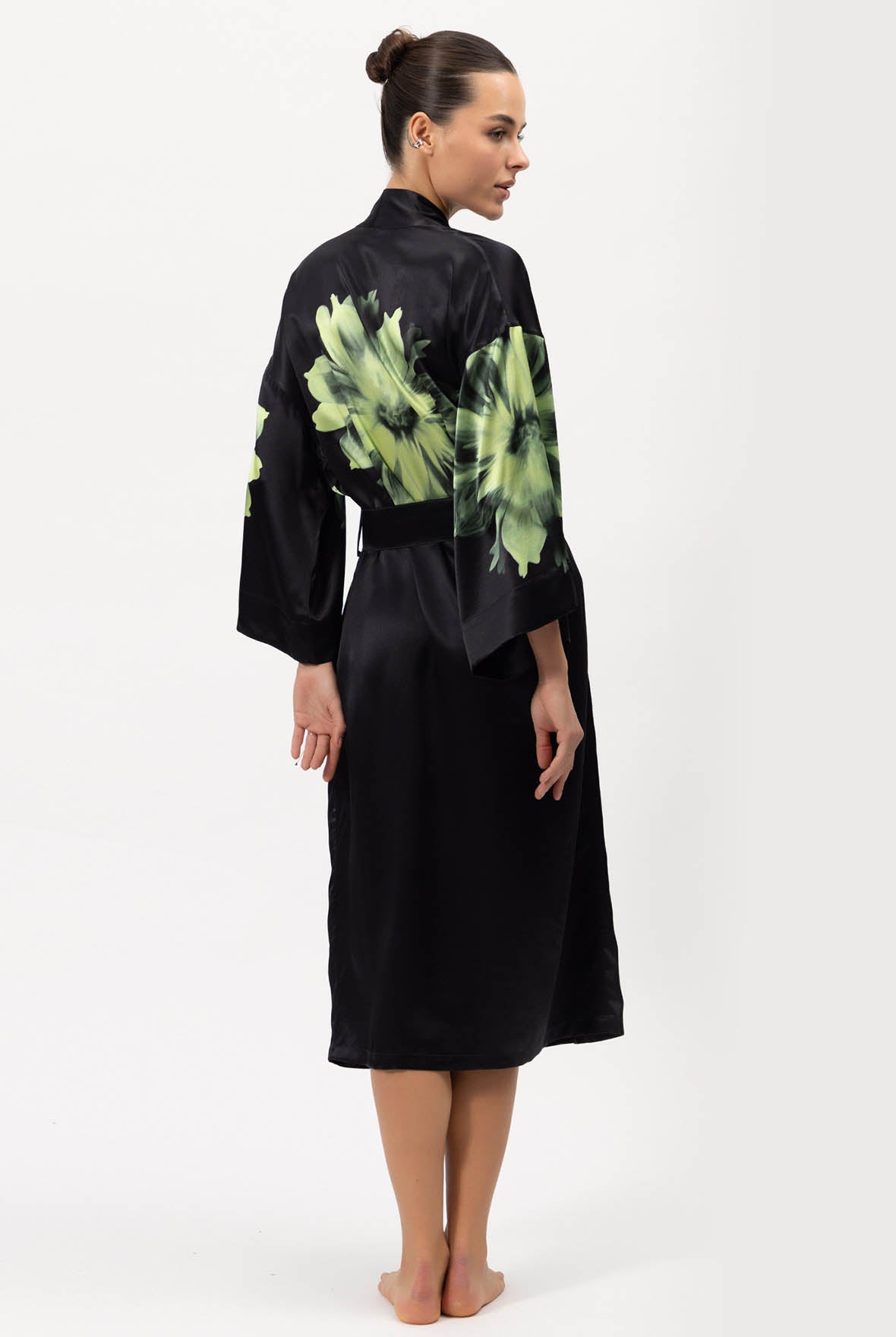 Silk Dreamscape Long Kimono Robe Black Flower