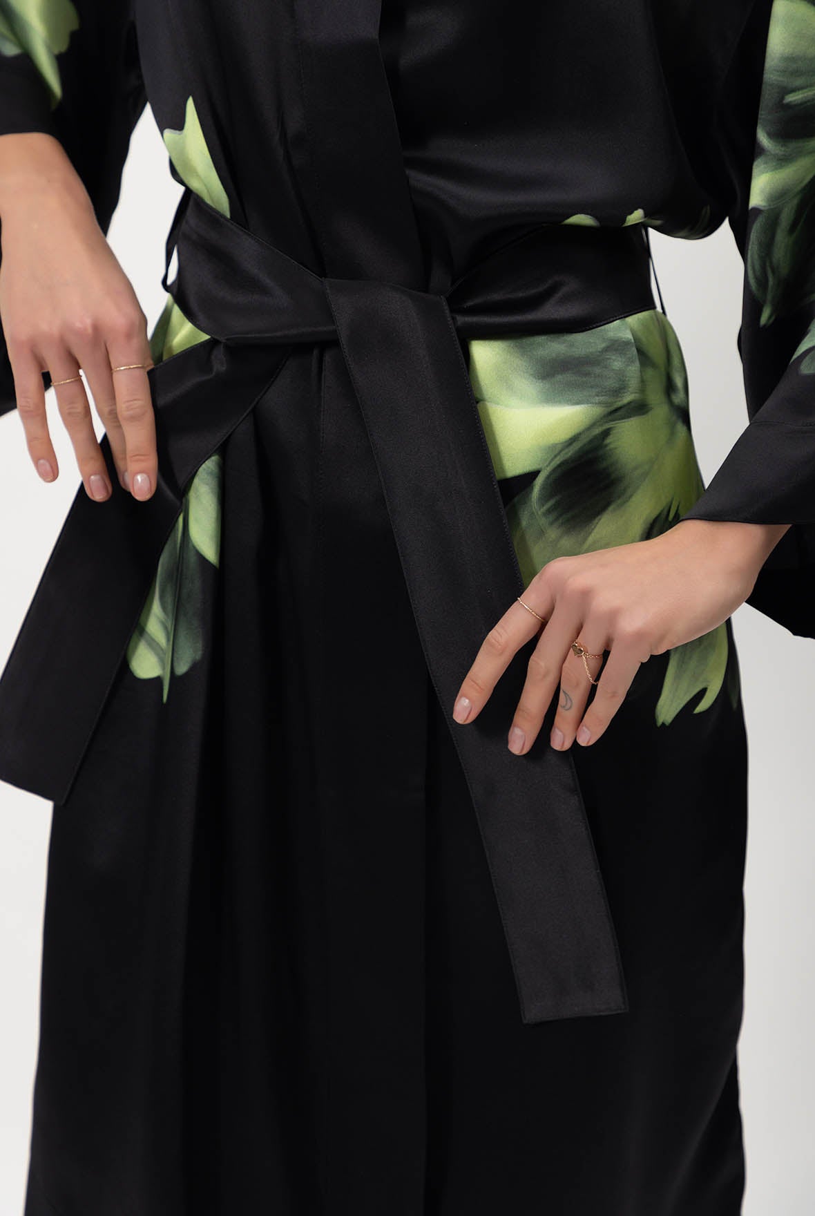 Silk Dreamscape Long Kimono Robe Black Flower