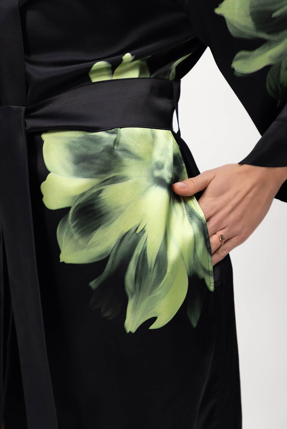 Silk Dreamscape Long Kimono Robe Black Flower