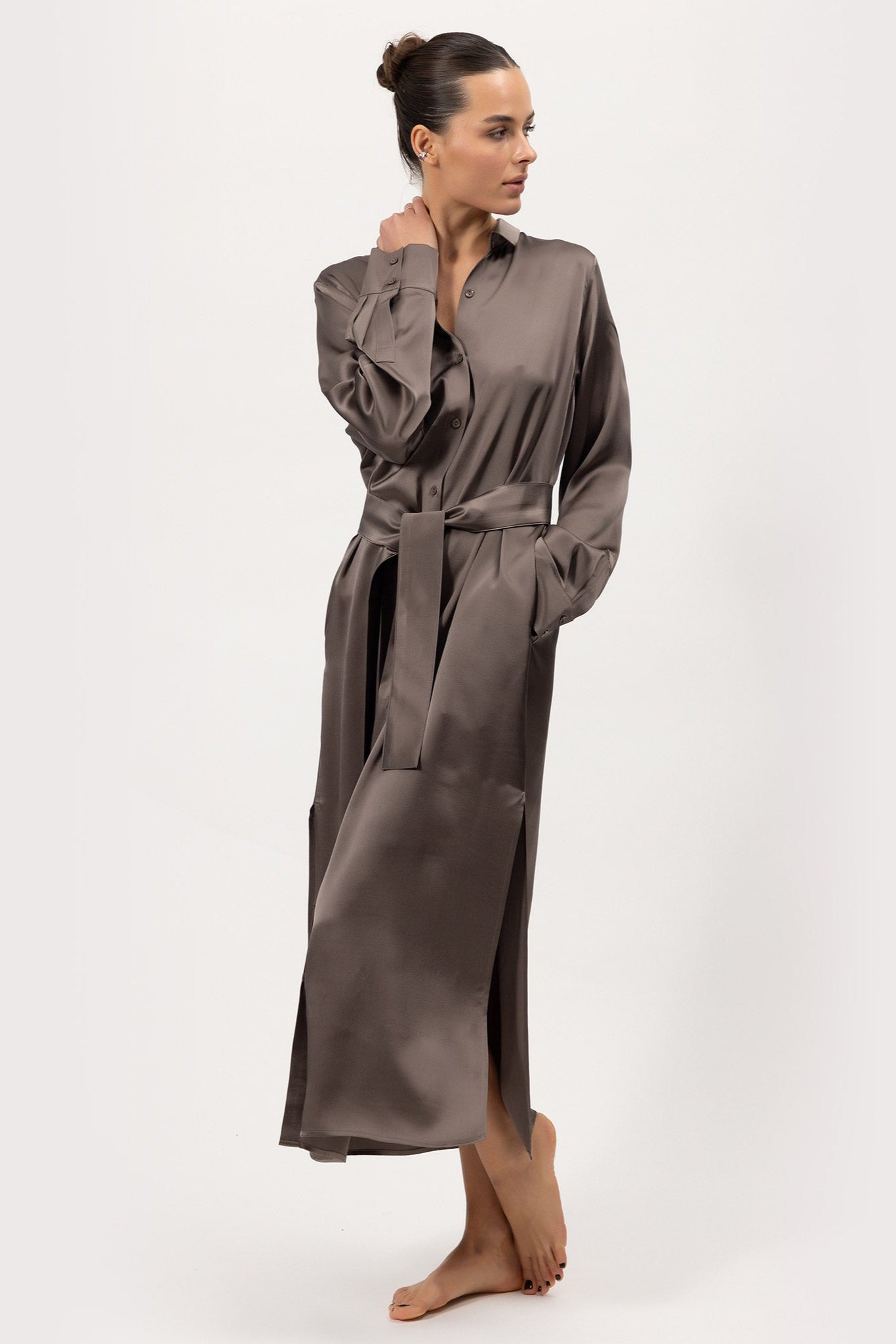 Silk Shirt Dress The Lady by Nokaya, styled with a belt, front view showcasing its timeless silhouette in Future Brown.
