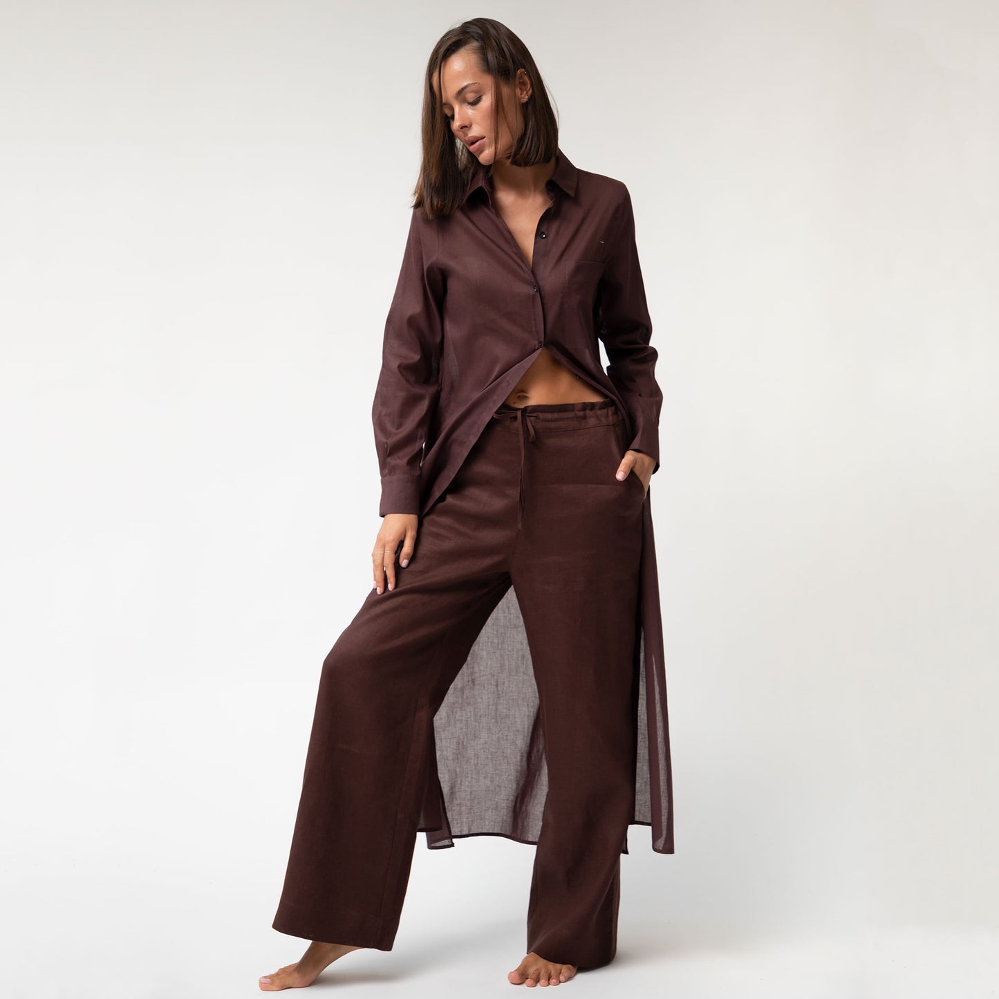 Linen Voile Button-Down Long Shirt Dress Restorative Brown