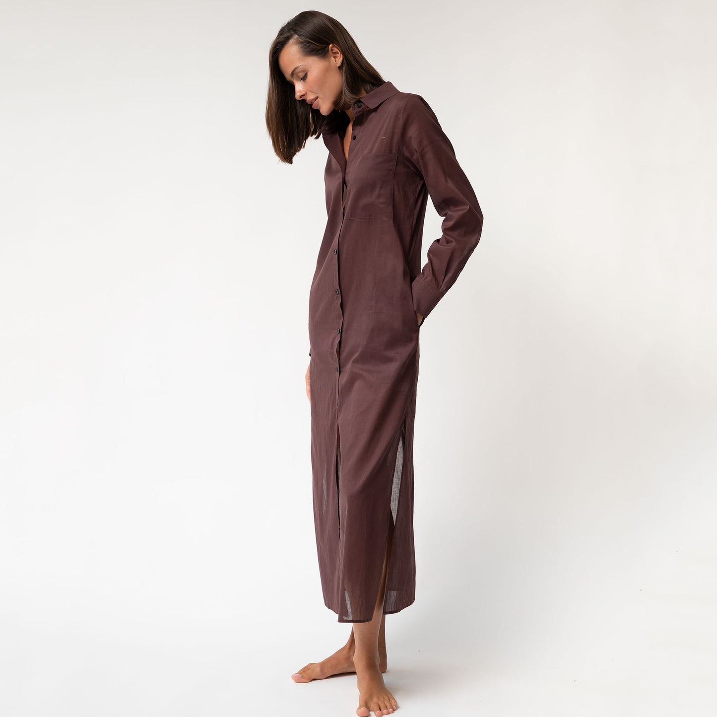 Linen Voile Button-Down Long Shirt Dress Restorative Brown