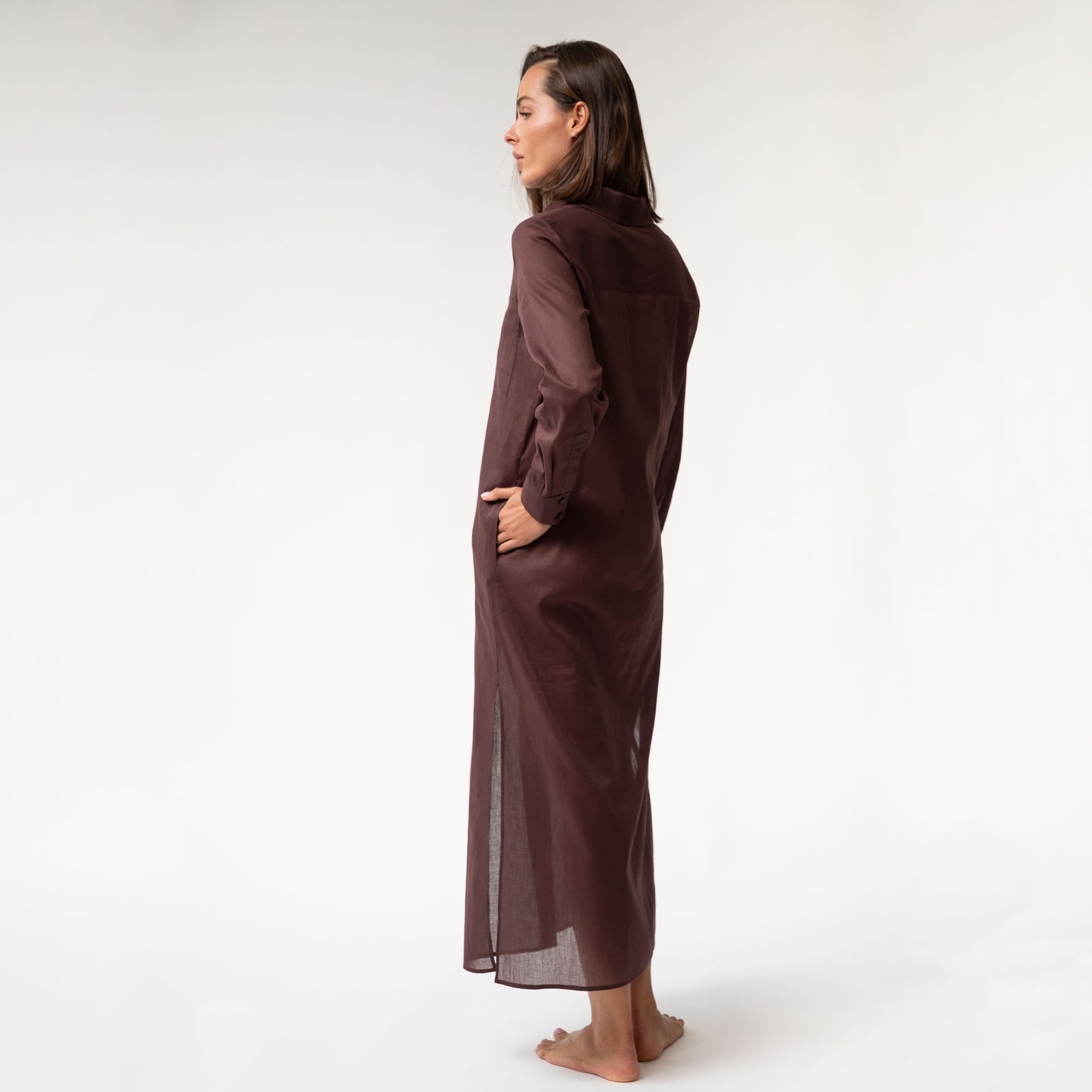 Linen Voile Button-Down Long Shirt Dress Restorative Brown