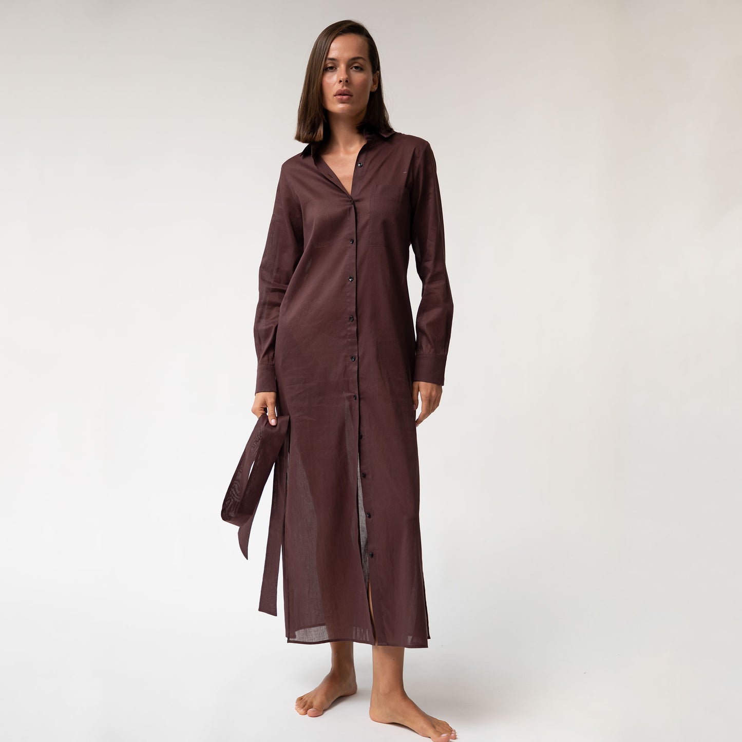 Linen Voile Button-Down Long Shirt Dress Restorative Brown