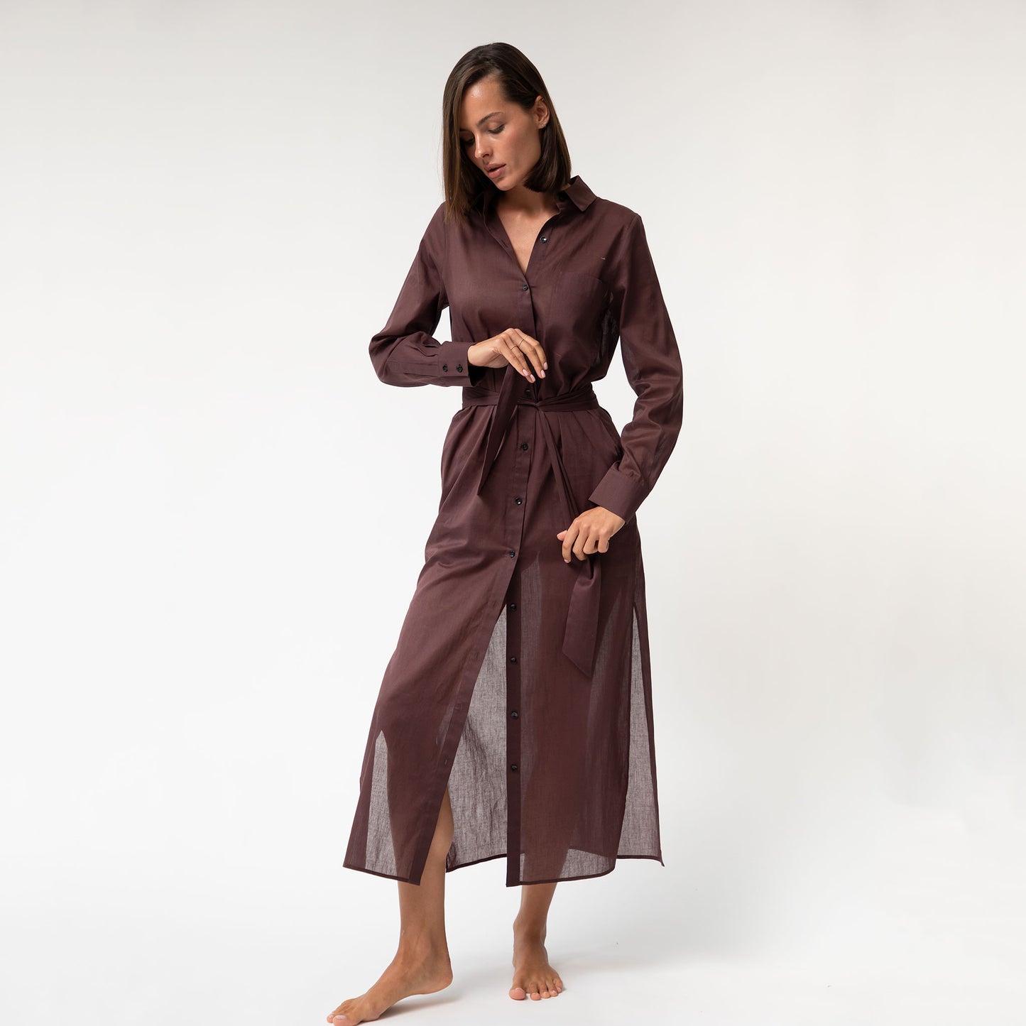 Linen Voile Button-Down Long Shirt Dress Restorative Brown